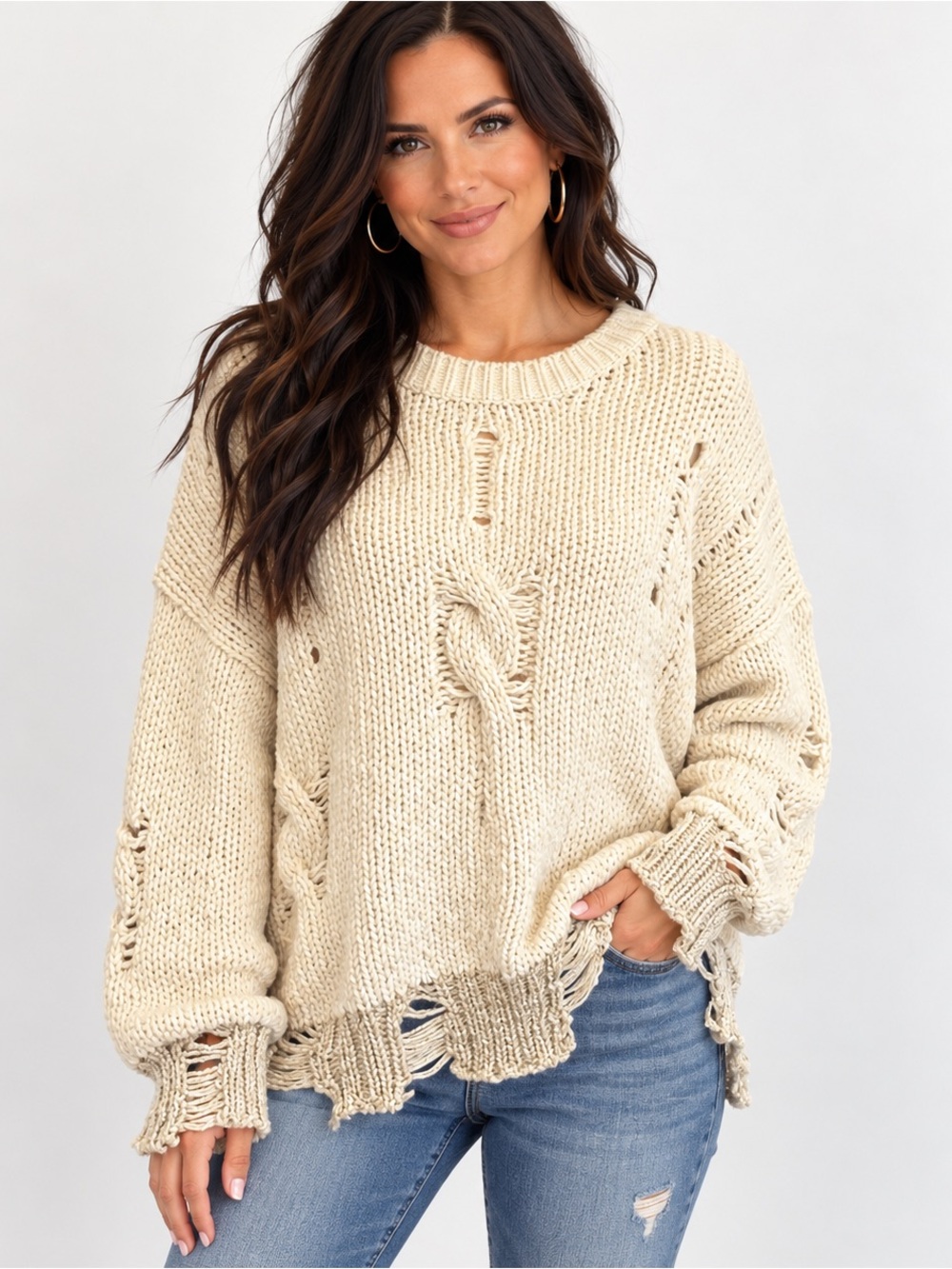 Umgee Cream Plush Chenille Distressed Chunky Knit Sweater Small